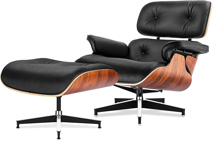 Top Black Grain Leather, Mid Century Chaise Lounge Chair and Ottoman, Accent by MakeHomeBetter