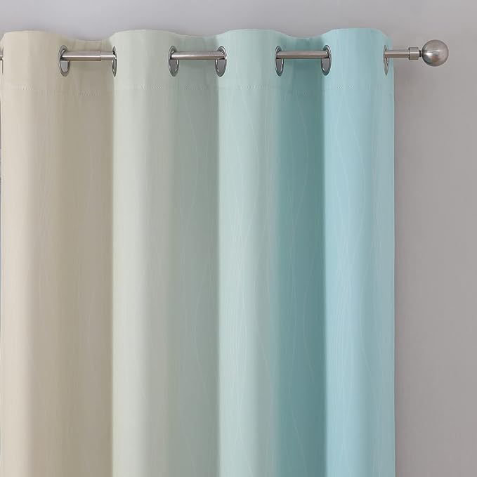 Estelar Textiler Beige and Aqua Ombre Blackout Curtains 90 Inch Length 2 Panels - Image 4