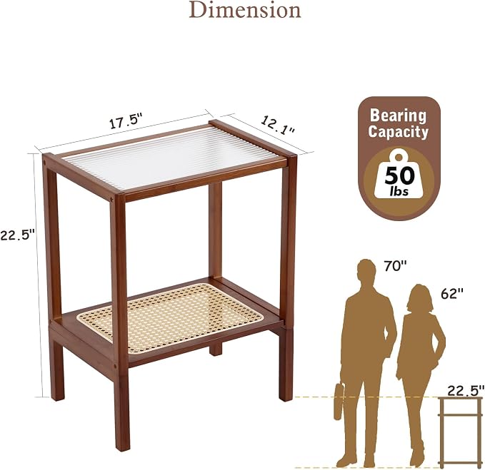 Tiita Rattan Side Table, Mid Century Nightstand, 2-Tier Bamboo Accent Bedside - Image 2