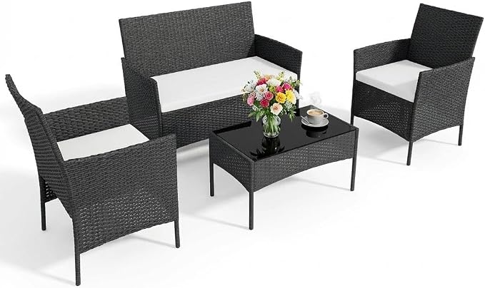 4 PCS Outdoor Patio Furniture Set, All-Weather PE Rattan Wicker Chairs by Garvee