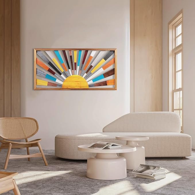 IARTTOP Large Boho Sun Wall Art Framed Wooden Art Wall Decor Rainbow Sun Rising - Image 7