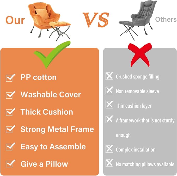 Tangerine Lazy Chair with Ottoman, Large Velvet Accent Chair with a Throw Pillow - Image 8