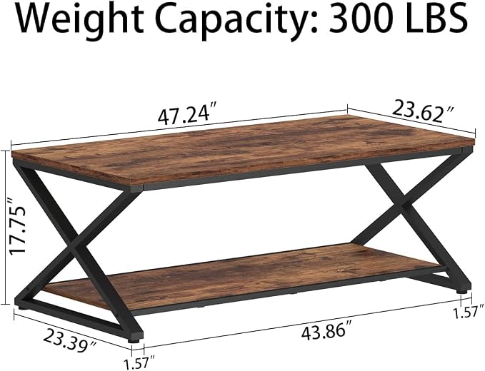 HSH Rustic Coffee Table with Storage Shelf, Industrial Metal Wood Living Room - Image 2
