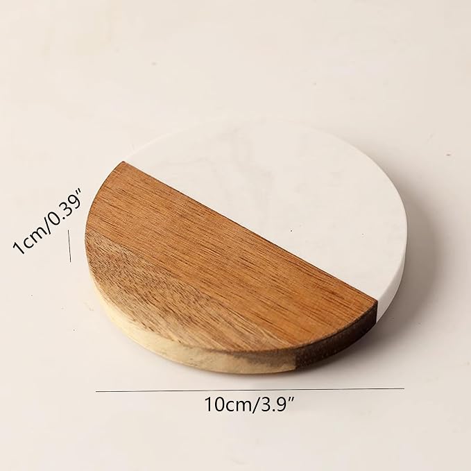 I-LAN 4-Pack Marble and Acacia Wood Coasters, 4-Inch Round Natural Wood Drink - Image 2