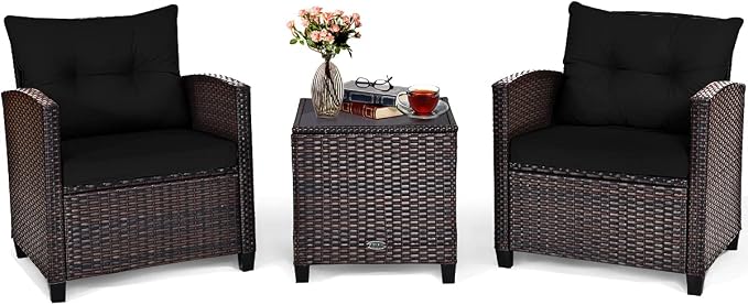 COSTWAY 3PCS Patio Furniture Set, PE Rattan Wicker Sofa w/Washable Cushion and by COSTWAY