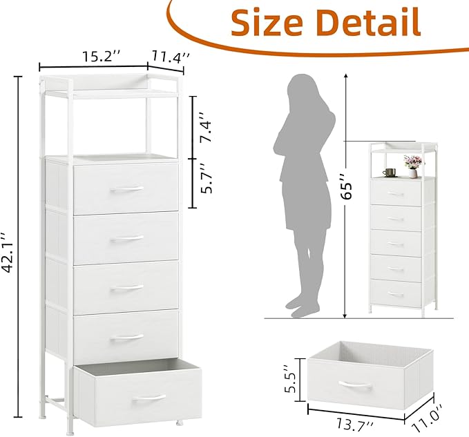 Somdot Tall Dresser for Bedroom, 5 Drawers Nightstand Vertical Storage Tower - Image 3