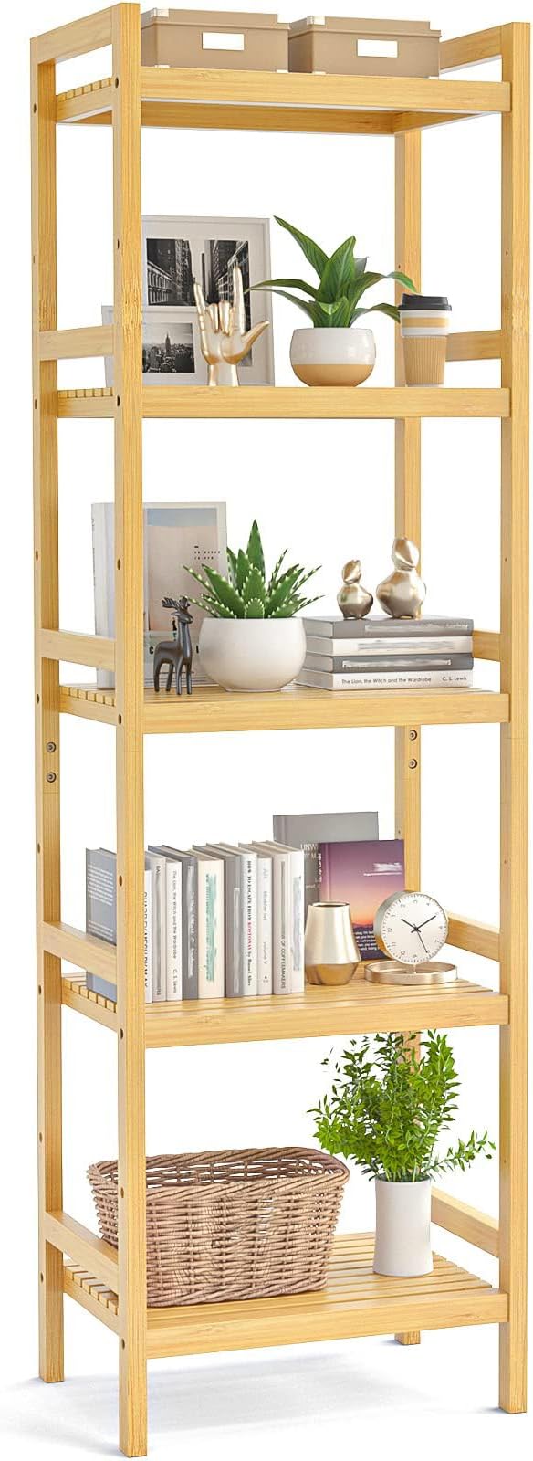 Homykic Bamboo Bookshelf, 5-Tier Narrow 55.9” Adjustable Book Shelf Bookcase by Homykic