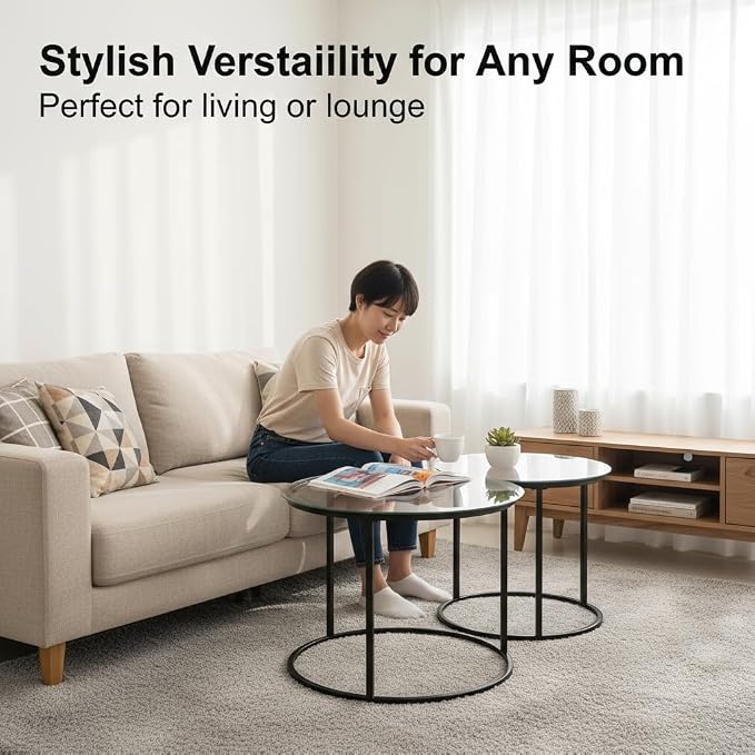 Round Nesting Coffee Table Set of 2, Modern Glass Nesting Tables, Stacking - Image 6