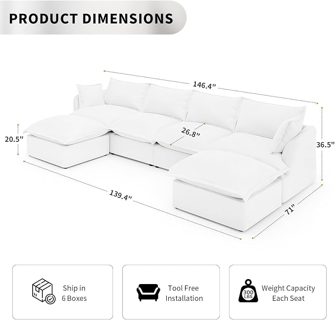 Waterproof Cloud Couch, 6 Seat U Shape Stain Resistant Modular Sectional Sofa - Image 2