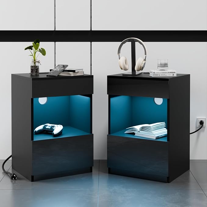 HOMMPA Set of 2 Open Shelf LED Nightstands by Hommpa