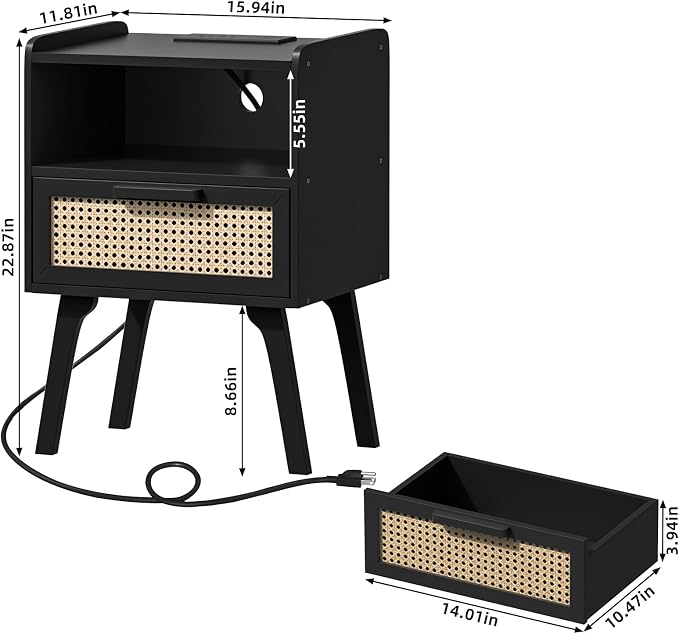 Lerliuo Rattan Nightstand with Charging Station, Cane Accent Side End Table - Image 3