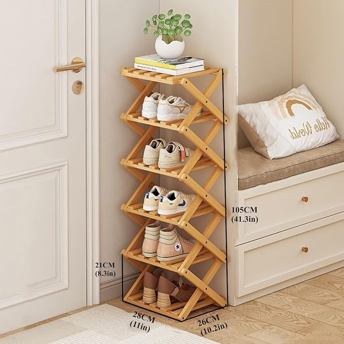 Foldable Shoe Rack, Bamboo Vertical Shoe Organizer Tall - Image 2
