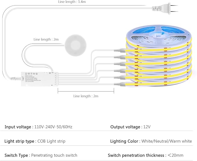 AIMENGTE Cabinet Light 12V COB LED Strip Lights, 6-in-1 Penetrable Touch Dimming - Image 3