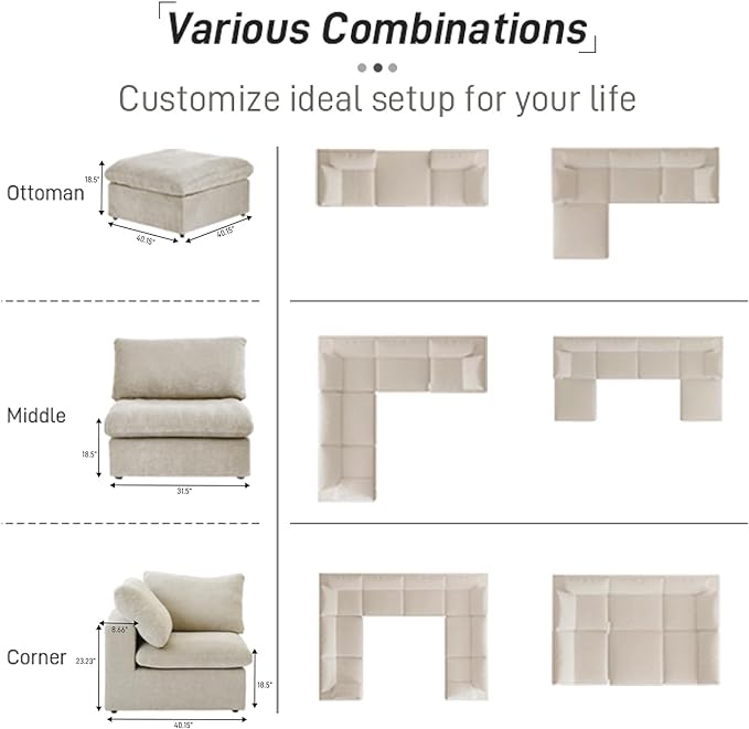 WJShome Cloud Modular Sectional Sofa, 160.6" Down Filled 5 Seater Couch - Image 8