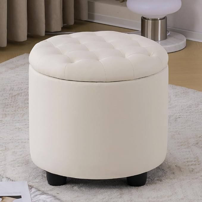 Furniliving Upholstered Button Tufted Round Ottoman, PU Storage Ottoman Round by FurnilivingFurnitureforHome