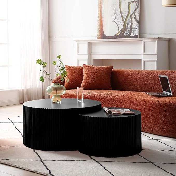Black Round Coffee Table Nesting End Table Set of 2 Fluted Side Tables Set - Image 3