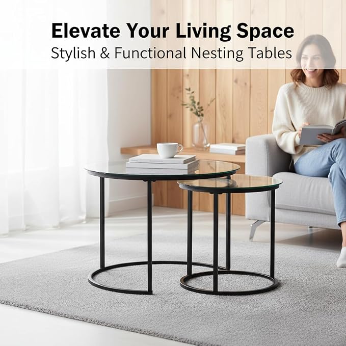 Round Nesting Coffee Table Set of 2, Modern Glass Nesting Tables, Stacking - Image 2