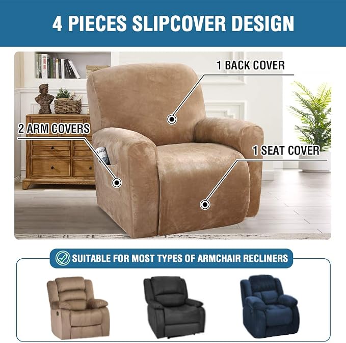H.VERSAILTEX Velvet Stretch Recliner Couch Covers 4-Pieces Style Recliner Chair - Image 2