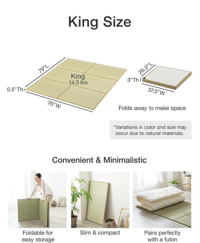 FULI Japanese Tatami Mattress, Foldable Igusa Rush Grass Tatami Rug, Natural - Image 2