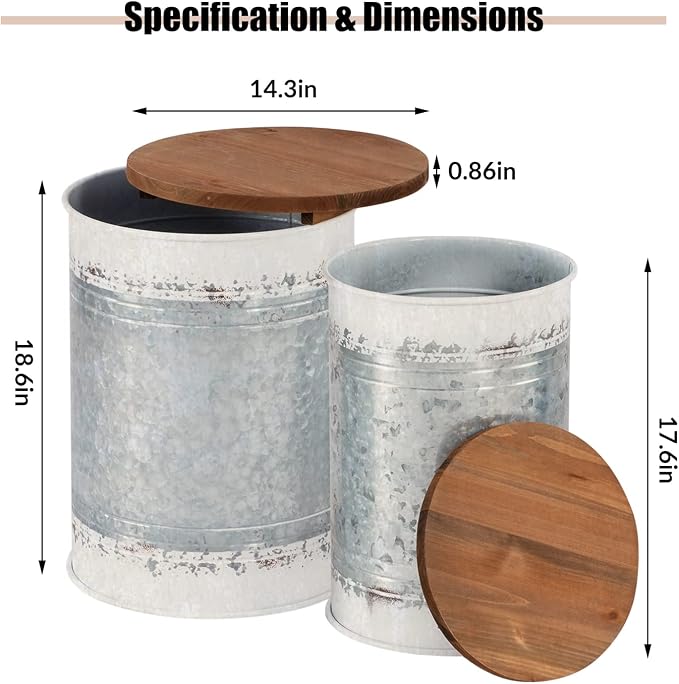 Poofzy Farmhouse End Tables Set of 2, Galvanized Metal Decor Side Table - Image 3