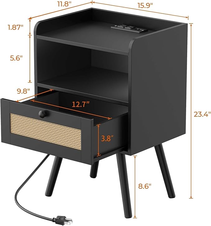 SUPERJARE Nightstand with Charging Station & Rattan-Like Decor Drawer, Rattan - Image 3