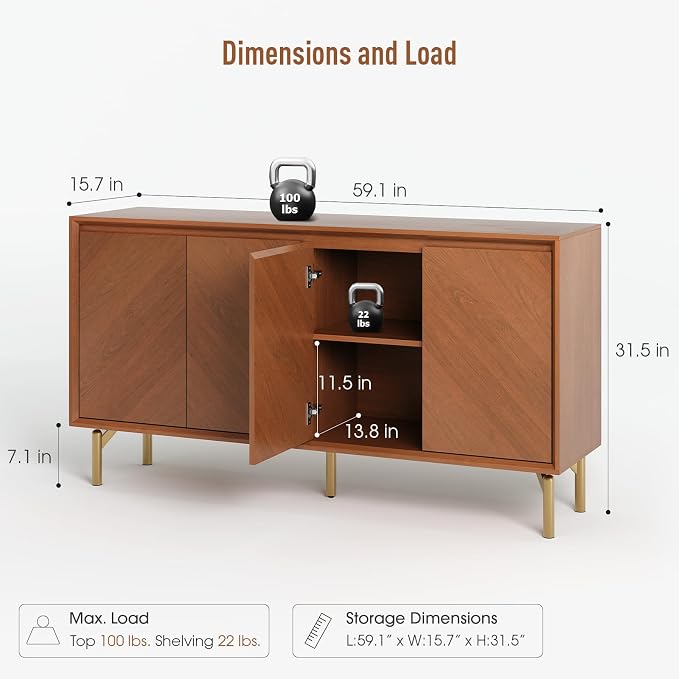 JOINICE Storage Cabinet, Mid-Century Modern Wood Accent Cabinet, Chevron - Image 2