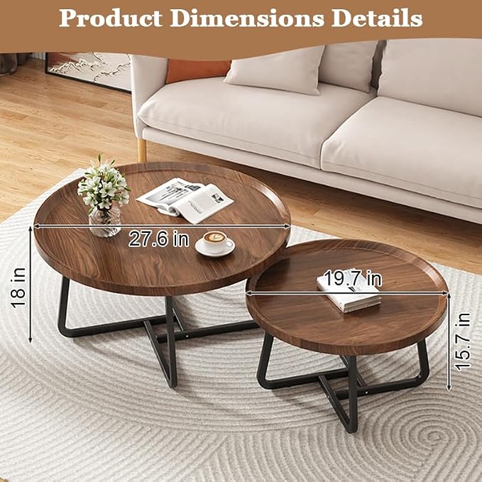 Round Nesting Coffee Table Set of 2, Mid Century Modern, Center - Image 2