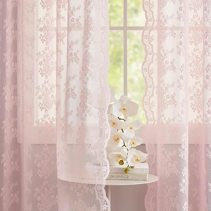 YJ YANJUN Vintage Lace Curtains Pink Boho Floral 80 Inch Curtains - Image 4
