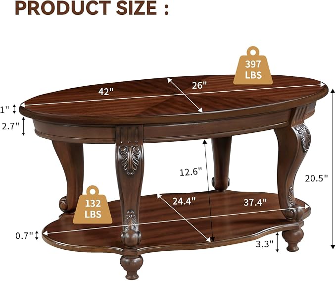 LKTART 42" Vintage Oval Coffee Table - Image 3