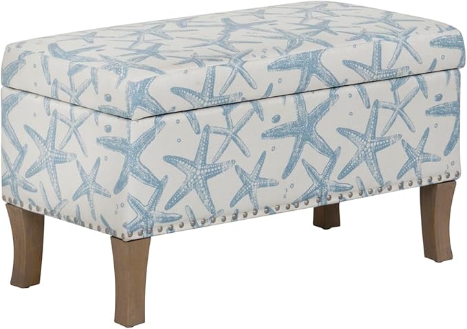 Linon Stephanie Cream and Light Blue Starfish Fully Upholstered Bench by Linon