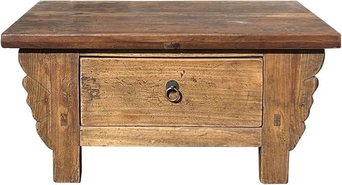 Chinese Vintage Rustic Wood Brown Drawer Low Kang Table Display Stand AJK242 by ORIENTLIVING