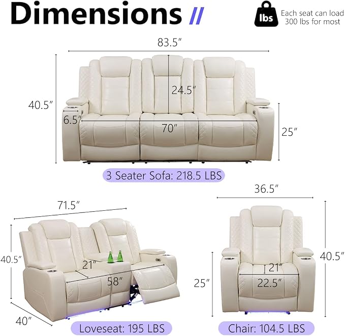 Power Recliner Sofa Set, Leather Reclining Couch & Chair Set, Living Room - Image 2