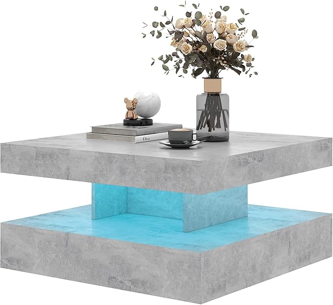 HedoAjim Grey LED Coffee Table for Living Room, Living Room Table 2-Tier Square - Image 7