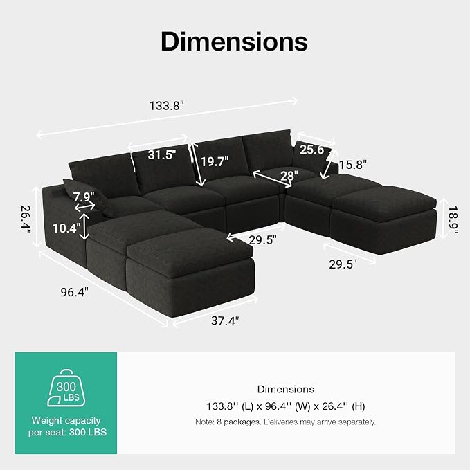 Novilla 133.8" Modular Cloud Couch, Modern Sectional Sofa - Image 2