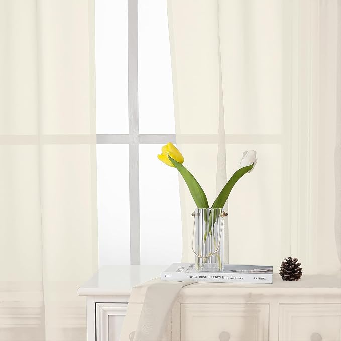 Lecloud Cream Sheer Curtains 68 Inch Length 2 Pcs, Light Filtering Bedroom - Image 4