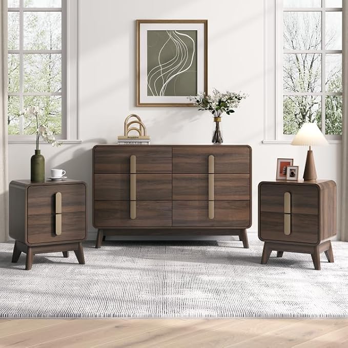 JOINICE Mid Century Modern Bedroom Set, 6 Drawer Dresser and Nightstand Sets by Joinice