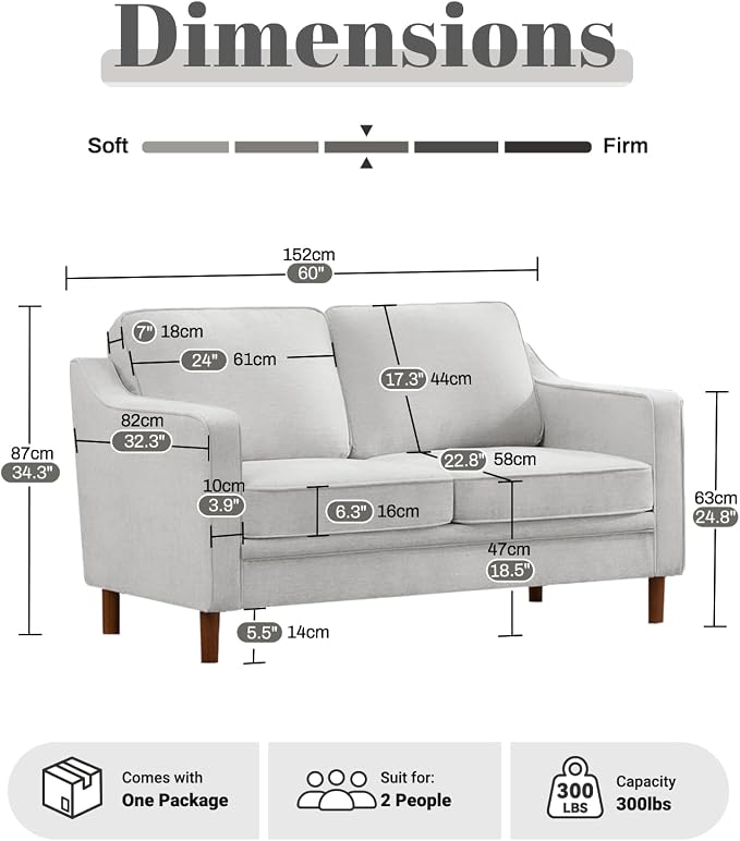 Kingfun 56" Chenille Sofa, Loveseat Couch, Mid Century Modern Love Seat Couches - Image 2