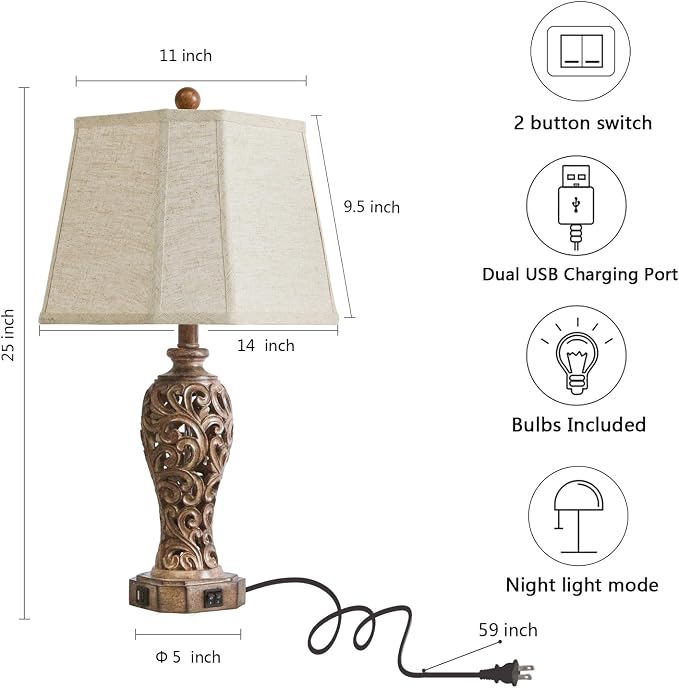 Set of 2 Rustic Table Lamps for Living Room Bedroom, 2 USB Ports 25'' Vintage - Image 6