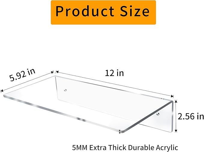 Jansburg 12 Inch L-Shaped Acrylic Floating Shelf Wall Mounted Shelves Invisible - Image 3