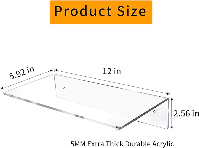 Jansburg 12 Inch L-Shaped Acrylic Floating Shelf Clear Wall Mounted Shelves - Image 3