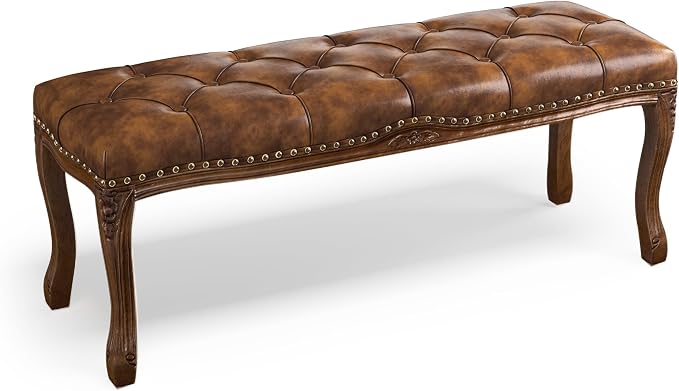 Cozyman Bedroom Bench, French Vintage Tufted Leather Bench, 45.2" Carving by COZYMAN