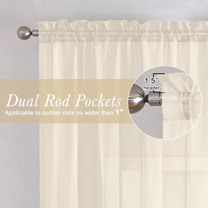 Lecloud Cream Sheer Curtains 84 Inches Long 2 Pcs, Dual Rod Pocket Breathable - Image 6