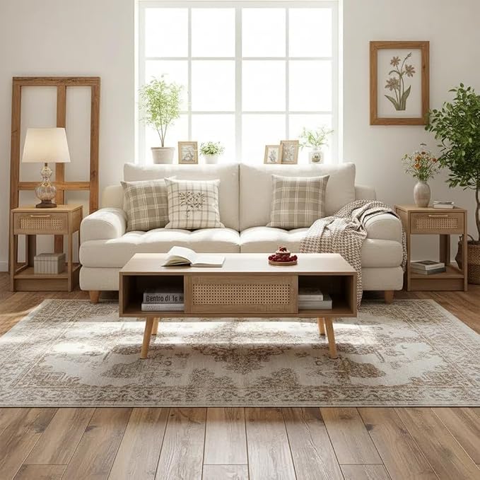 Rattan Center Table and Nightstand Set, 3-Piece Wood Living Room Table Set - Image 3