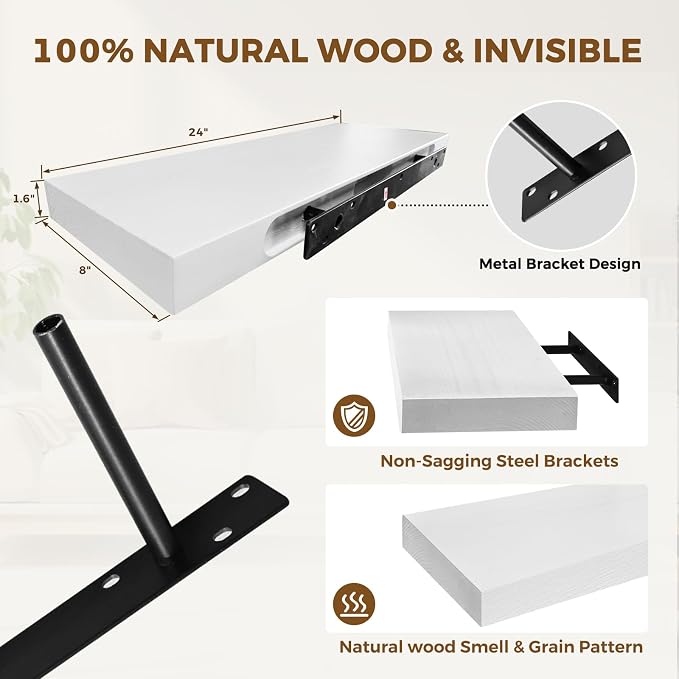 24x8x1.6 inch Floating Shelves Set of 2 – Solid Wood Rustic White Wall Mounted - Image 4