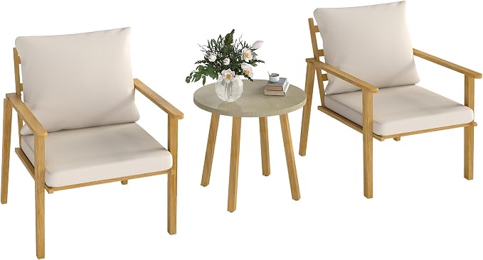 Outsunny Outdoor Bistro Set, 3 Piece Patio Set, Wood Effect Steel Round Table by Outsunny