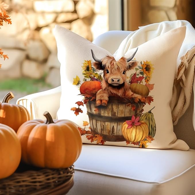 RABUSOFA Fall Decor Pillow Covers 18x18 Inch Highland Cow Autumn Decorations - Image 5