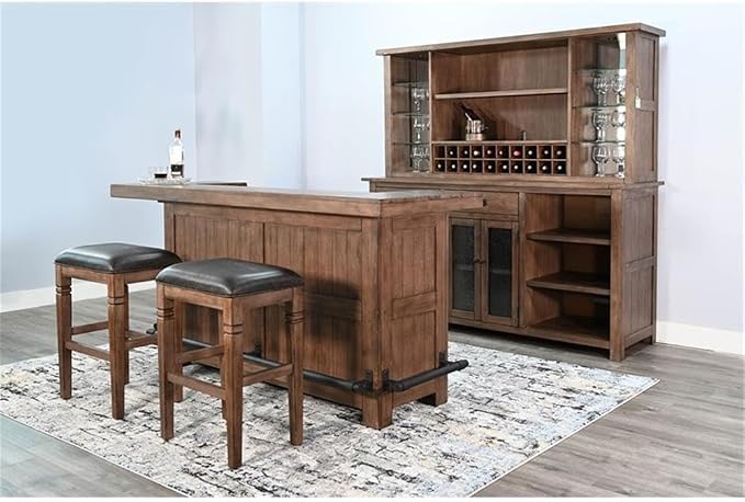 Pemberly Row Set of 3 Natural Brown Wood Bar Unit and 2 Backless Swivel Barstool - Image 2