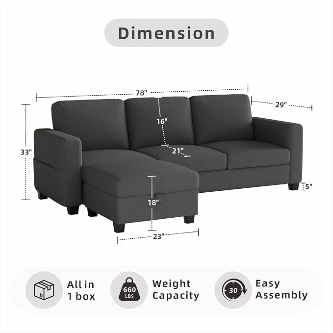 78" Sectional Sofa Couches for Living Room, Dark Grey Convertible L Shaped Couch - Image 2