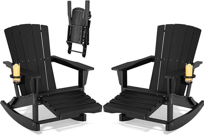 Adirondack Rocking Chair with Retractable Ottoman Set of 2, Outdoor Folding by Unknown