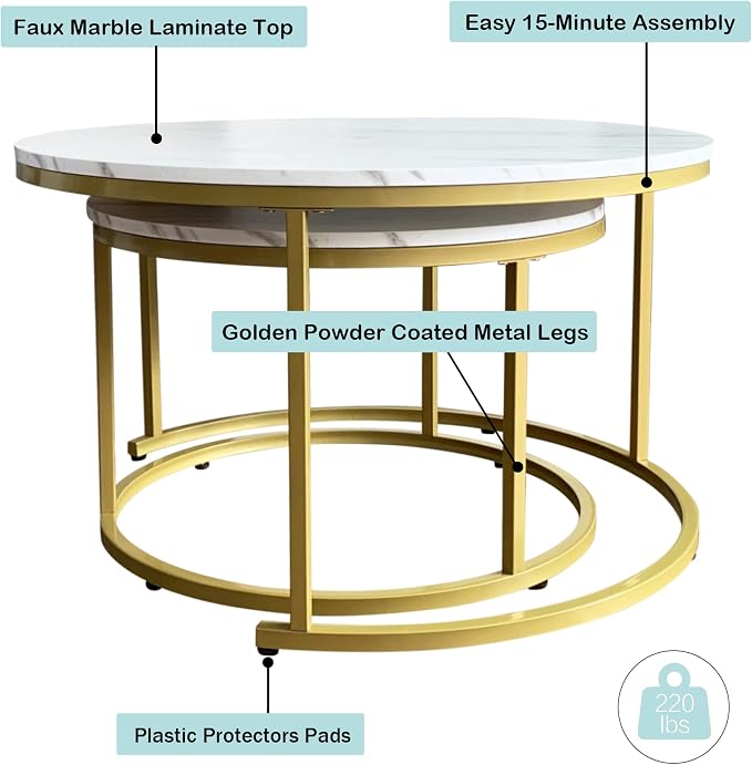 AT-VALY Coffee Table Set of 2 Nesting Tables, Round Sofa Table - Image 9